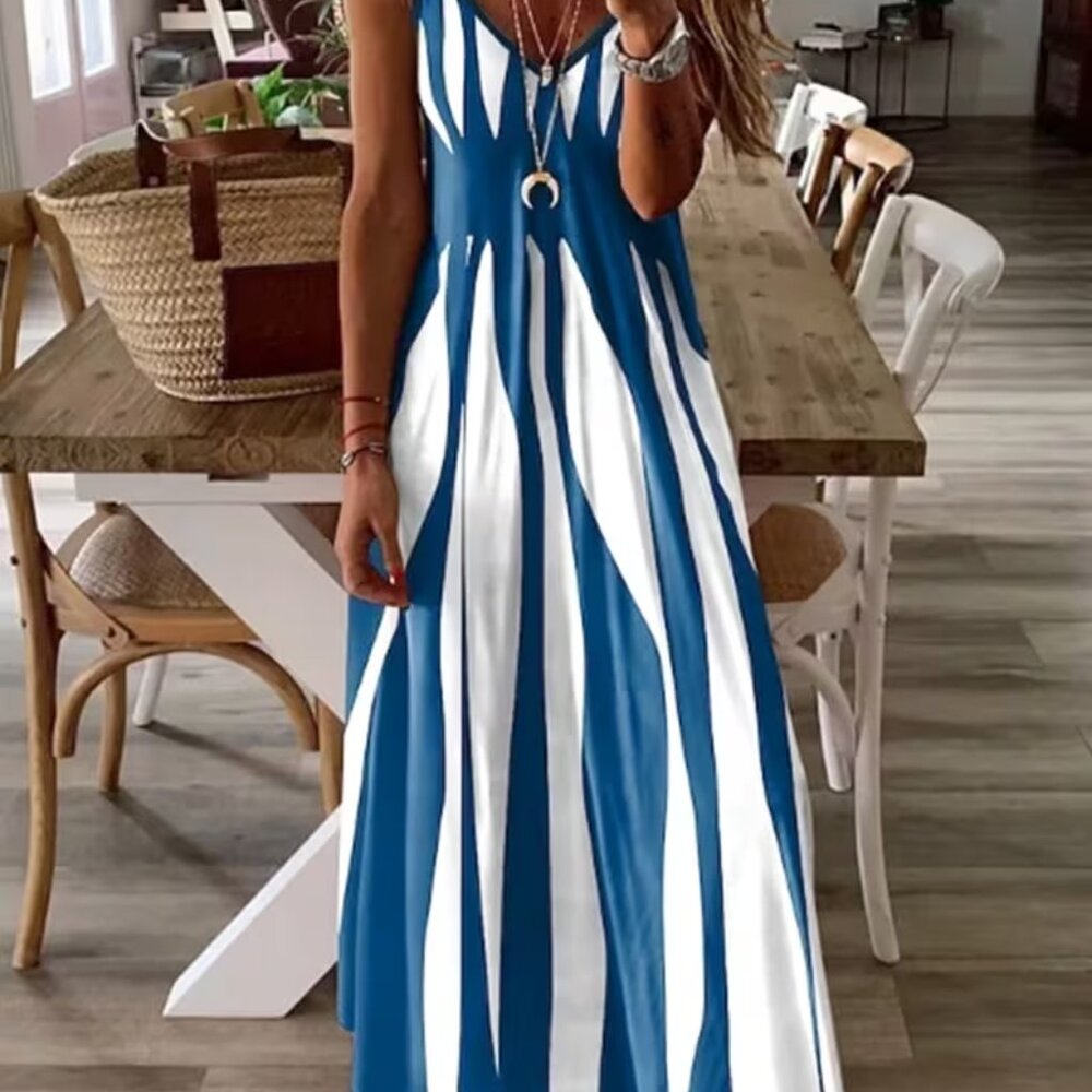 Womens Blue White Printed Maxi Dress V Neck Spaghetti Strap Size M New